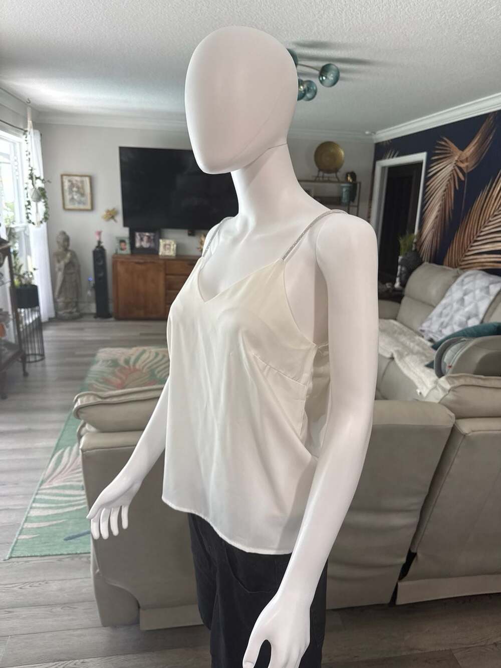 Giracoo White Satin Rhinestone Strap Camisole Top